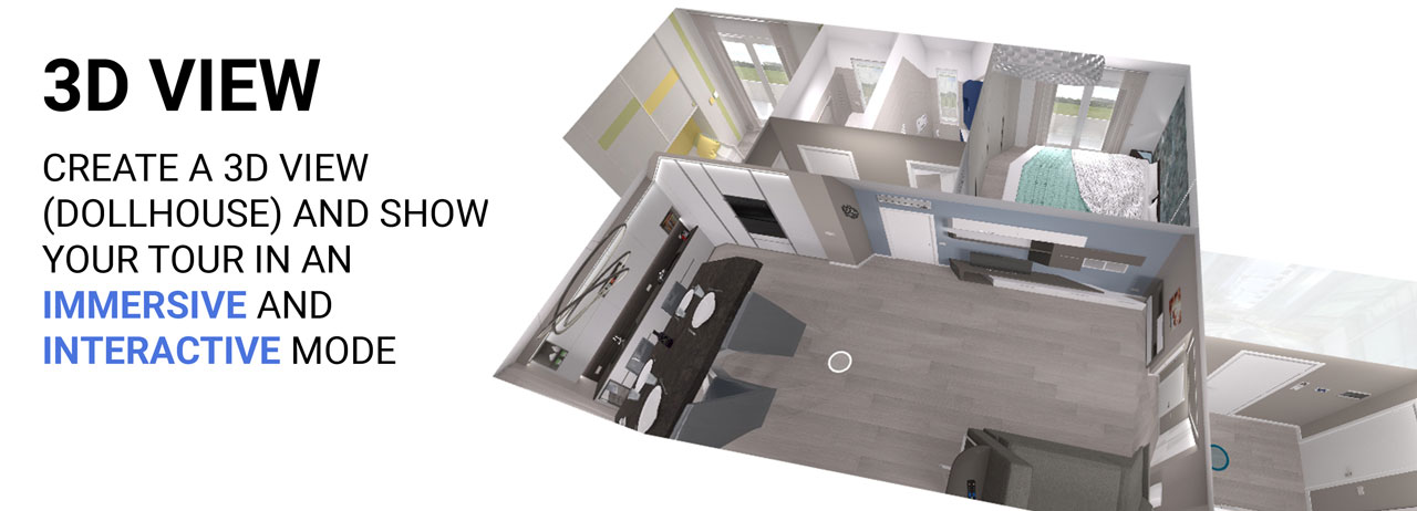 Dollhouse style 3D view of a full floorplan