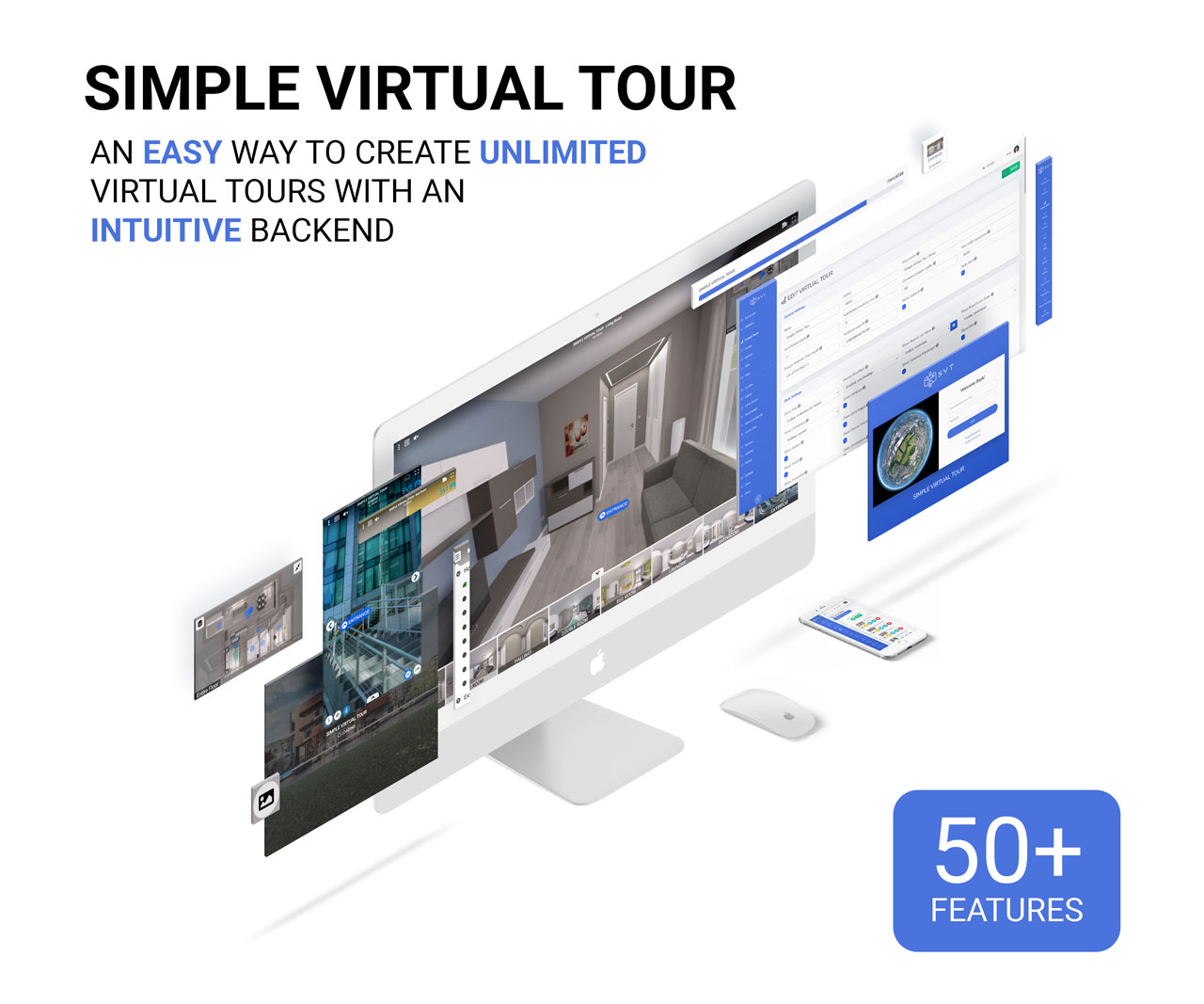 Overview of the tour editor and viewer with 50+ features highlighted