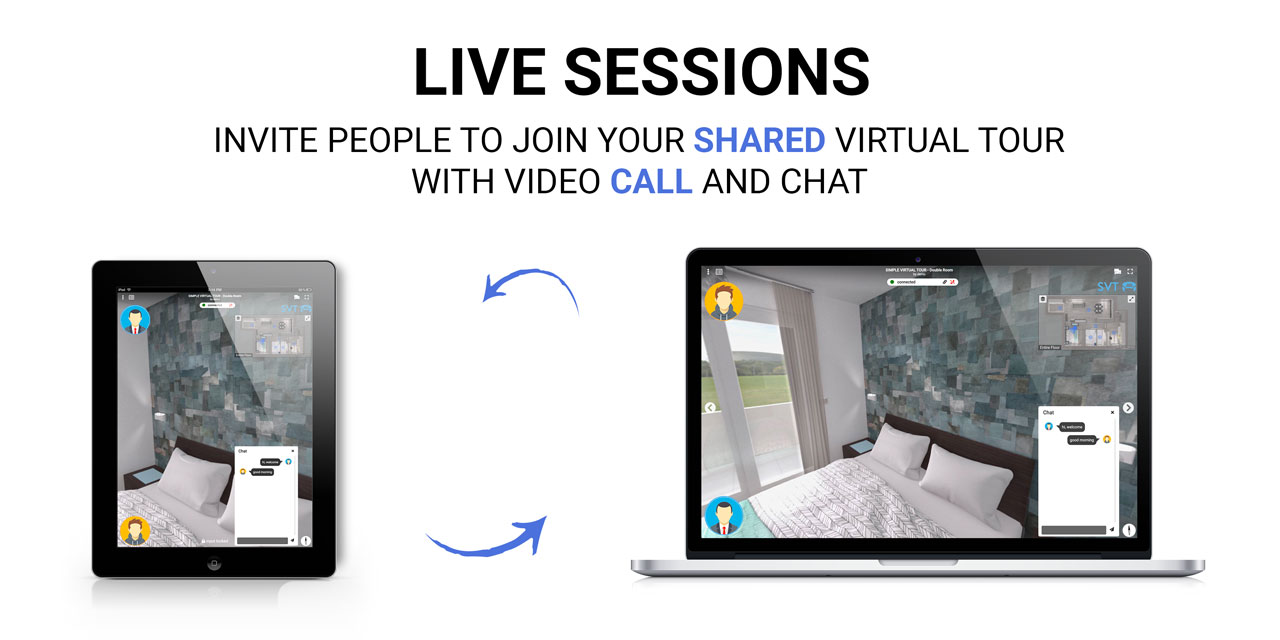 Two devices sharing a live guided tour session with video and chat